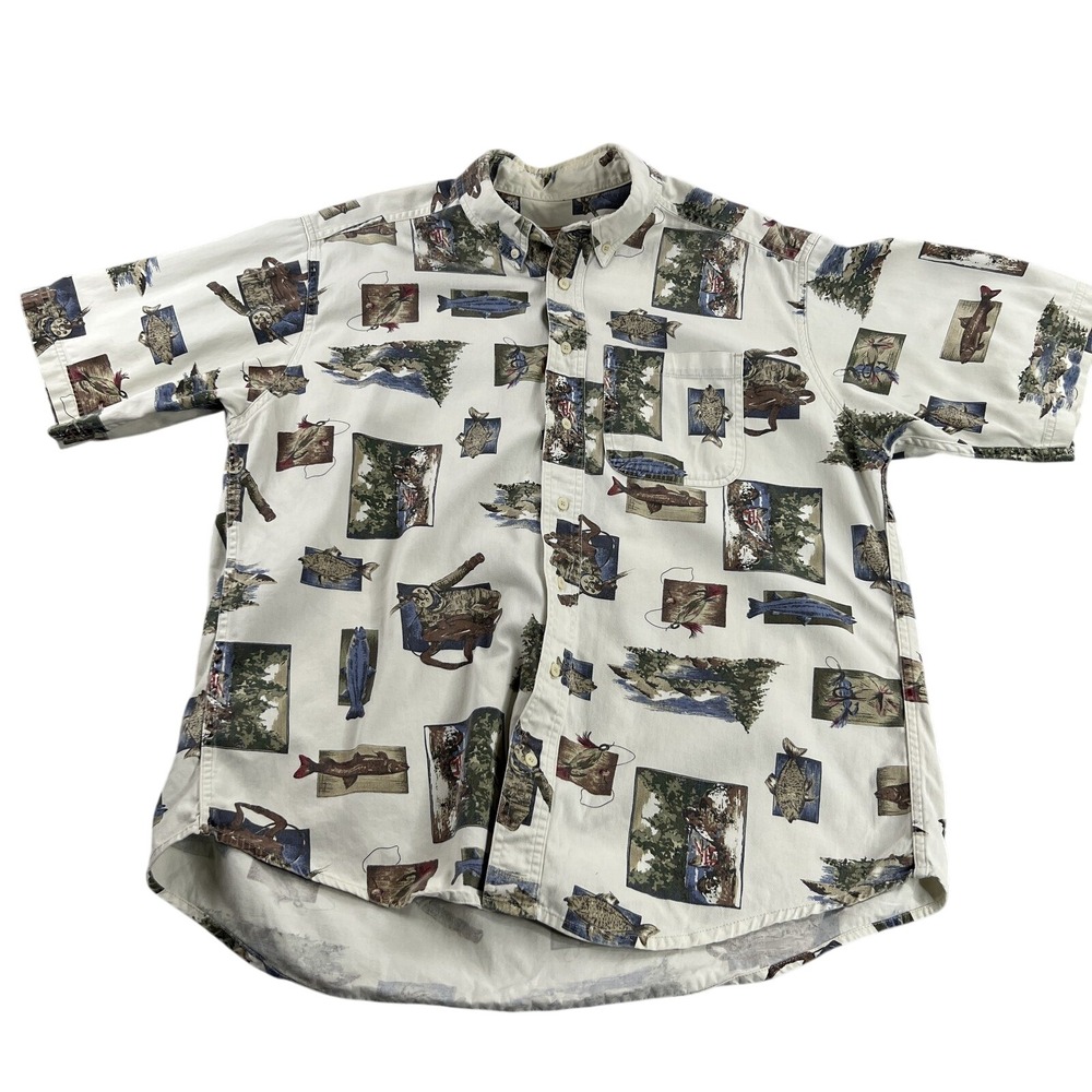 Woolrich Mens XL Fishing Lure Print Button Down Shirt Beige Outdoor Camp USA